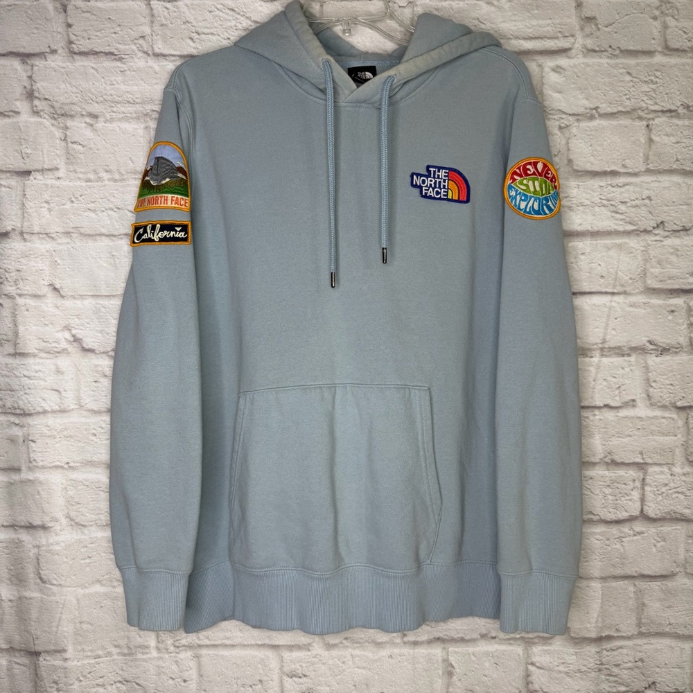 The North Face Women’s Light Blue Novelty patch Hoodie Pullover - Size: XL